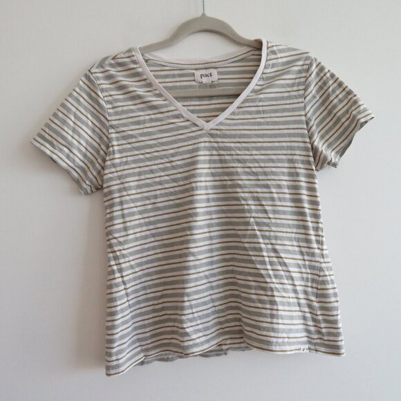 PACT Organic Cotton Seagrass Stripe Softspun V Neck T Shirt Basic Neutral Size S - Picture 2 of 15